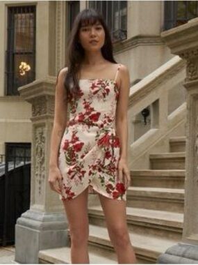 Reformation Ivory Mini Dress with Red Floral Print